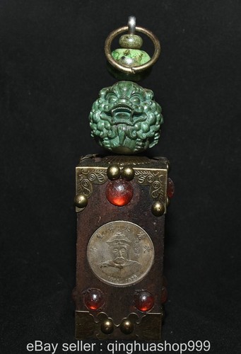 8.4" Chinese Wood inlaid Silver Human Pattern Beeswax Turquoise Beast Pendant