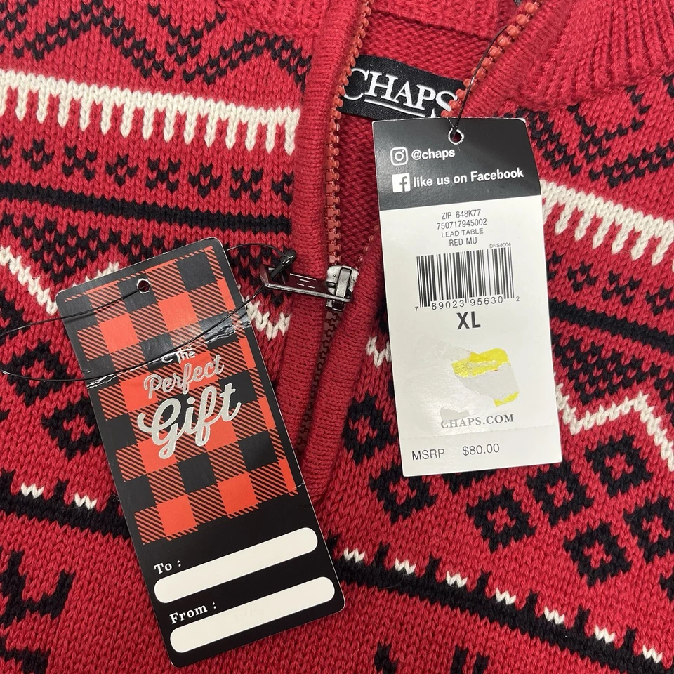 Nuevo con etiquetas Suéter Nórdico de Navidad Chaps para Hombres XL Reno 1/4 Cremallera Rojo Nuevo Precio de venta sugerido por el fabricante $80 Foto 4 de 4