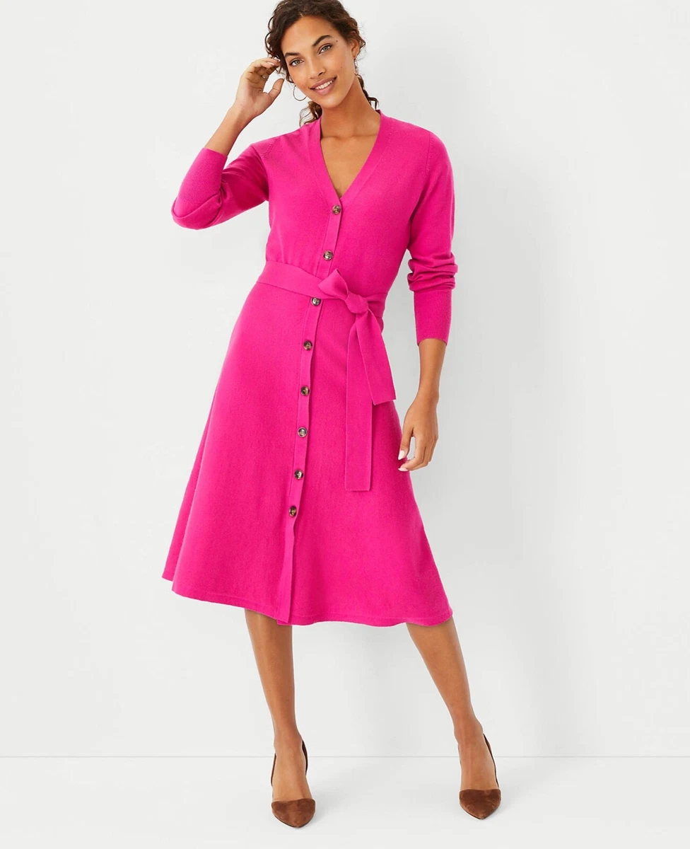 NEW Size XS Womens Ann Taylor Hot Pink Button Front Flare Sweater Dress  580502 | eBay