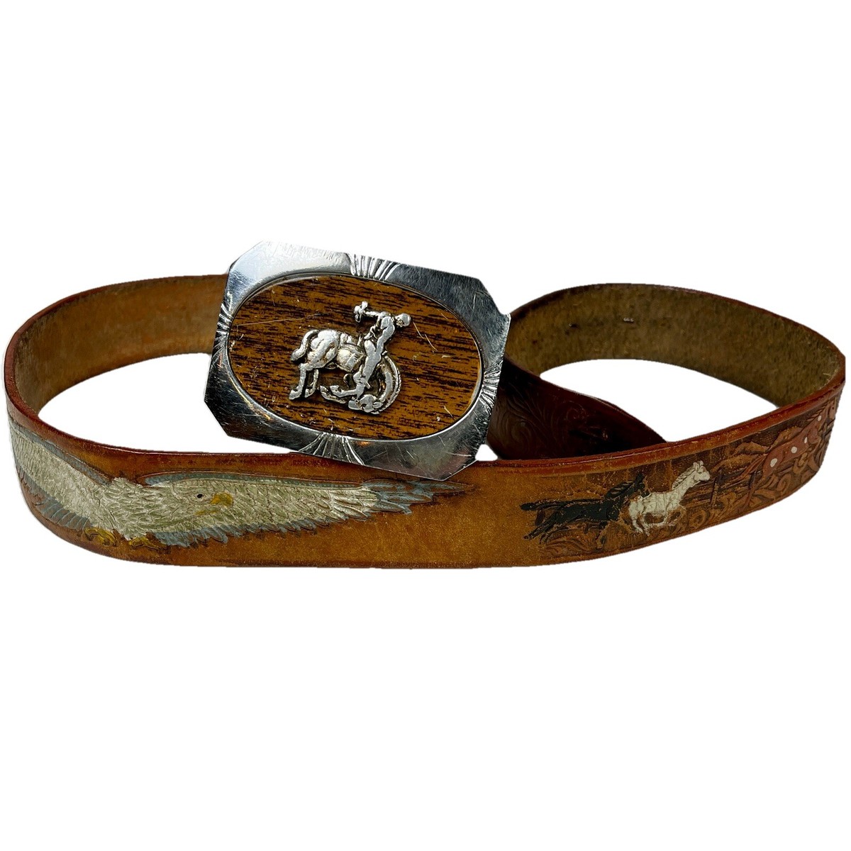 Vintage hand-tooled leather belt with vintage Fraulein eagle buckle. Artisan Handcrafted Eagle Embossed Leather Belt - Cellar Leather main image 3