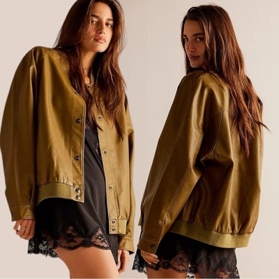 Free People Wild Rose Vegan Leather Bomber Jacket Lizard Green Oversized XS