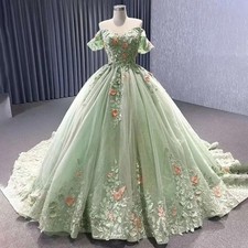 Green Appliqué Floral Wedding Dress Elegant Off Shoulder Floral Ball Dress