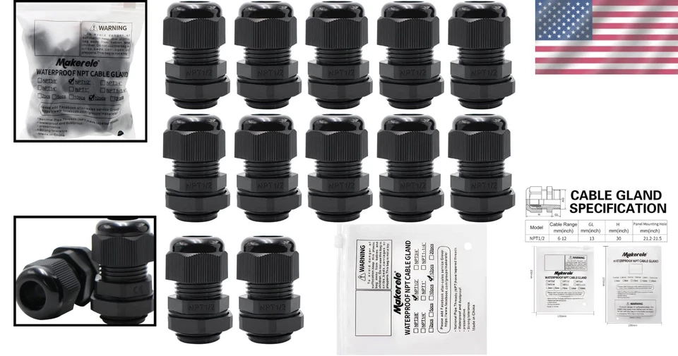 Versatile Waterproof Nylon Cable Glands 1/2" NPT - 12pcs for Industrial Use - Image 2 of 4
