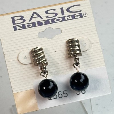 Vintage Pierced Earrings Silver Tone Ribbed Black Bead Dangle NOS 90s 1565-56