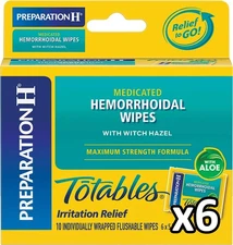 6x Preparation H Totables Flushable 10 Ct Medicated Hemorrhoidal Wipes