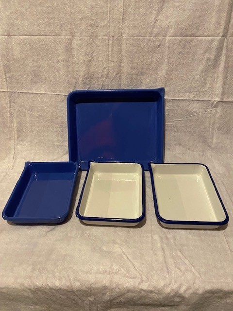 3 Photo Developing Trays Blue White Enamel 1 at  11x9 3 at 6x8