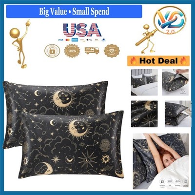 Queen Satin Pillowcase Set 2 Black Moire Silk Pillow Covers 20x30 Envelope Cl...