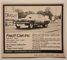 1970 Fred F Cain Race Car Mechanic Mopar Duster Cuda Print Ad Wilmington Ma