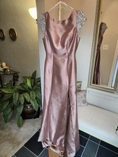 Sherri Hill Mikado gown with bateau neckline, embellished cap sleeves mocha Sz 8