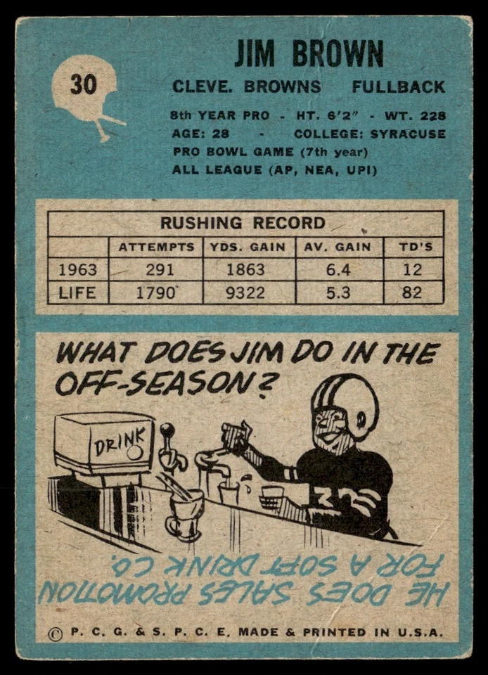 1964 Philadelphia Jim Brown VG+ Cleveland Browns #30 - Image 2 of 2