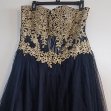 Blondie Nites Navy Gold Beaded Mesh Strapless Long Ballgown Prom Dress Size 19