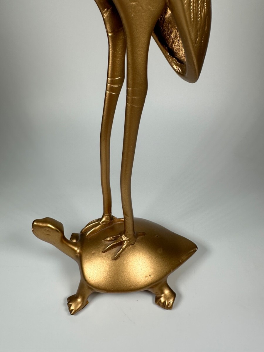 Vintage Crane Standing on Turtle Tortoise Longevity Gold Cast