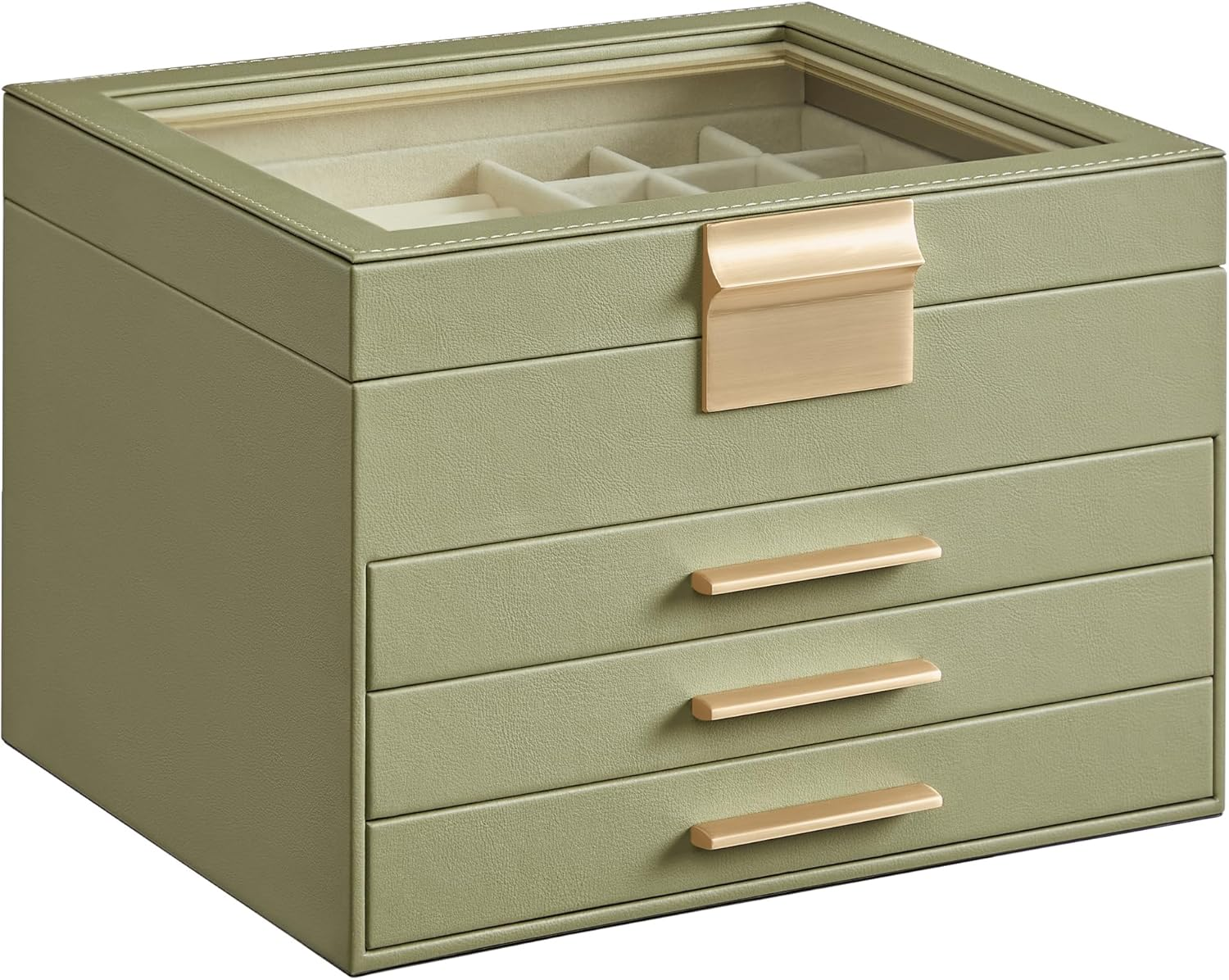 Jewelry Box with Glass Lid, 4-Layer Jewelry Organizer, 3 Drawers, for Big and Sm-image