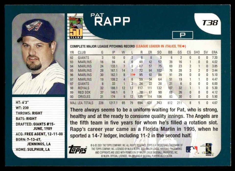 2001 Topps Traded & Rookies Pat Rapp Anaheim Angels #T38 | eBay