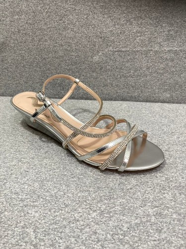 Nina Shoes Women's Size 8.5 M Silver Fiamma Wedge Sandals Leather Sole Slingback