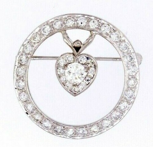 Brooch Diamond Pave Circle with Heart Detail F-G 1.93 CTW 14K White Gold 1"