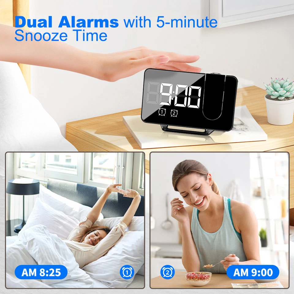 Projection Alarm Clock Snooze Digital LED Display Dual Alarm Clock FM Radio USB - Image 4 of 4