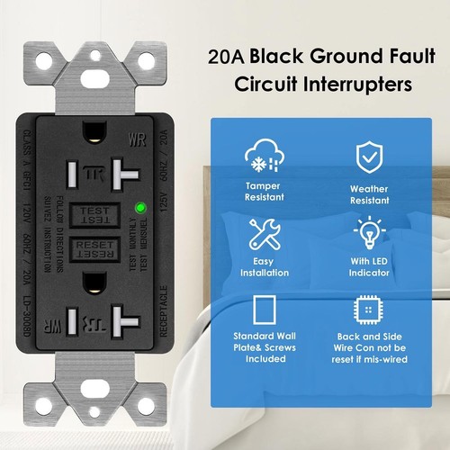 20A Amp Ground Fault Receptacle GFCI Outlet Tamper Resistant WR with Plate Black - Picture 3 of 12