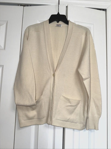 VTG~RODIER Paris~France Made~Ivory~Wool Blend~Knitted~Pockets~Cardigan Size M