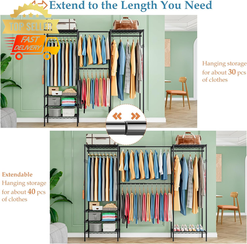 Expandable Closet Organizer Freestanding Garment Rack w/ Shelves & Hanging Rods - Picture 5 of 8