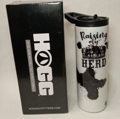 Hogg 20oz Skinny Tumbler Black White Cow pattern ''Raising My Herd''