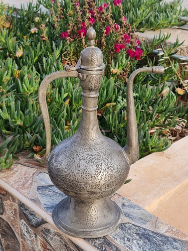 Antique Islamic Ottoman Jug Pitcher Hand Engraved Brass Copper ابريق عثماني قديم - Picture 2 of 24