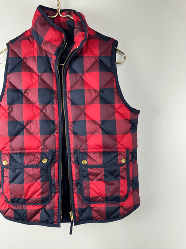 J Crew Women's Plaid Quilted Down Full Zip Vest Jacket Red Blue Size 8 Down Feat - Picture 2 of 6