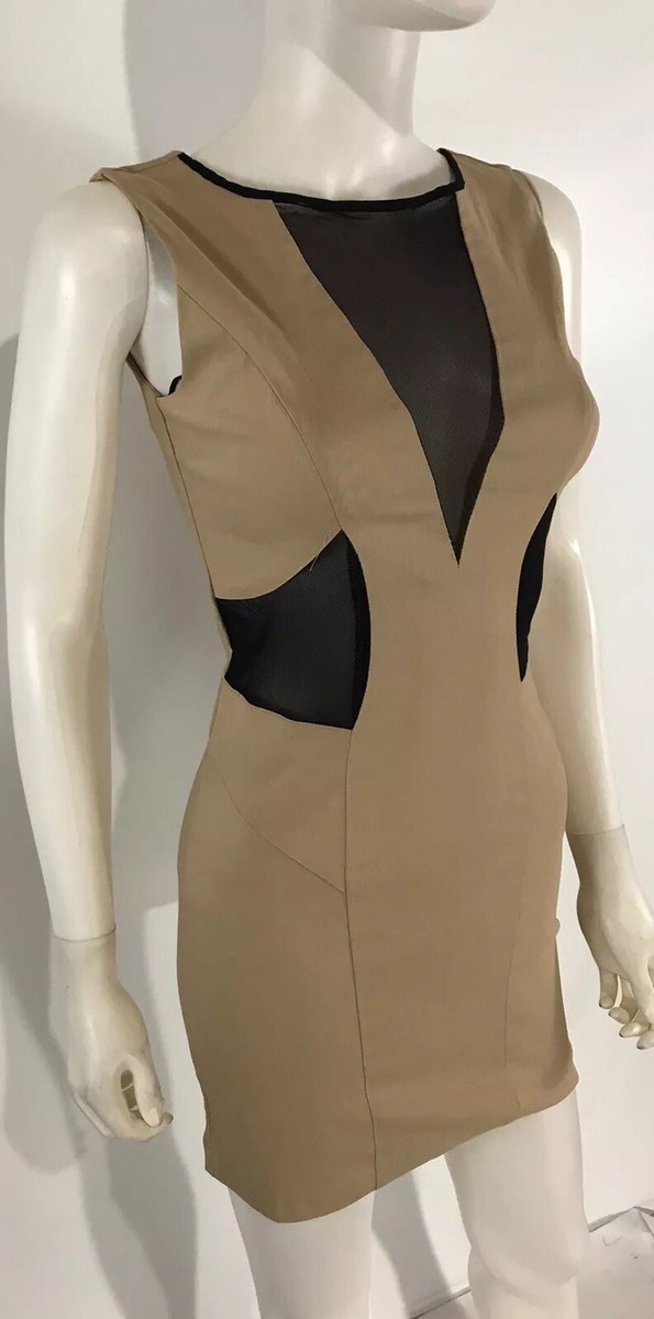 papaya bodycon dress Papaya Dress NEW Tan & Black Mesh Cutouts Bodycon Stretch NWT SZ S