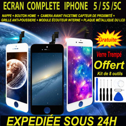 VITRE TACTILE ECRAN LCD COMPLET IPHONE 5 / 5s / 5C BLANC NOIR SUR CHÂSSIS - Photo 1/12