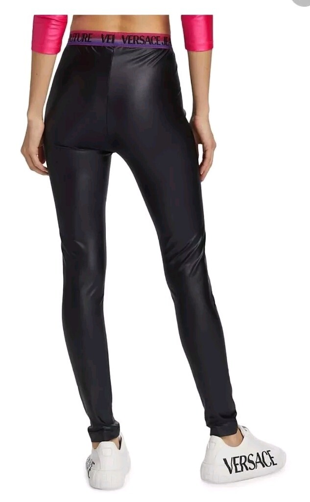 デニム・ジーパン VERSACE JEANS LEGGINGS WITH LOGOED BAND Versace Jeans Couture Logo Band Leggings Women's 44 Black