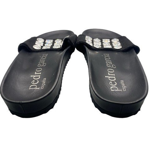 Pedro Garcia Amery Swarovski Crystal Satin & Leather Jeweled Slide Sandals Black - Picture 8 of 18