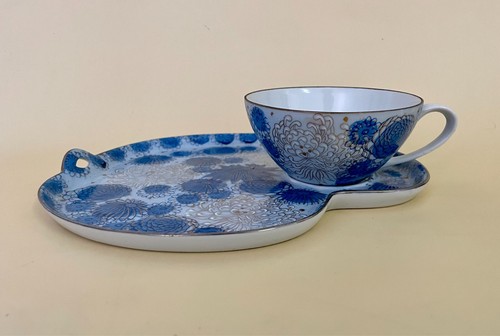 Fujita Kutani Shuho Blau Sandwich Tablett(e) Chrysantheme Pfingstrosen Teeservice Japan - Bild 2 von 17