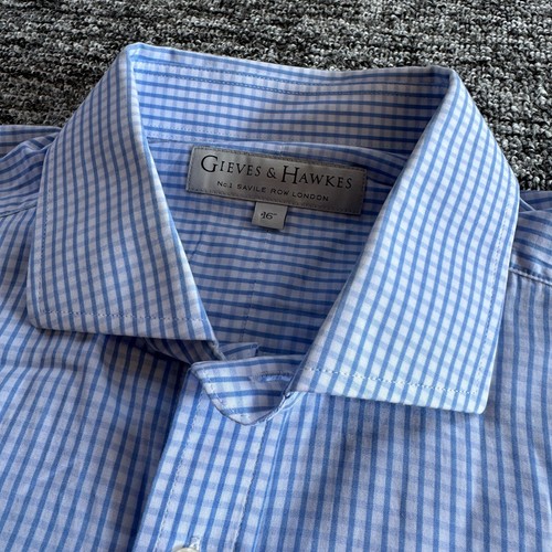 Gieves & Hawkes Shirt Mens 16" Medium Blue Check Long Sleeve 2 Button Round Cuff - Picture 3 of 8