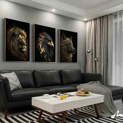3pcs Set Frameless Canvas Posters - Modern Abstract Golden Lion and Eagle Art Pa