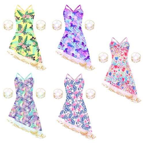 Kids Girls Dress Cross Straps Leotard Modern Dance Dancewear Ballroom Printed - Picture 3 of 57