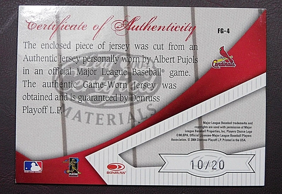 1/20 2004 Hoja ALBERT PUJOLS Juego Usado 2001 Año Novato Juego Usado TARJETA JERSEY Foto 4 de 4