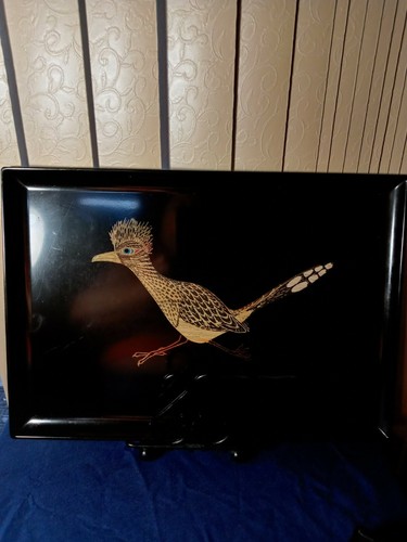 Couroc Serving Tray picture of ROADRUNNER in Gold. Hand inlay 24karat