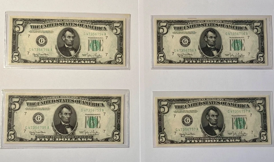 1950 UNC Five Dollar Bill $5 Federal Reserve Note • Lot of 4 CONSECUTIVE serials - Image 2 of 4