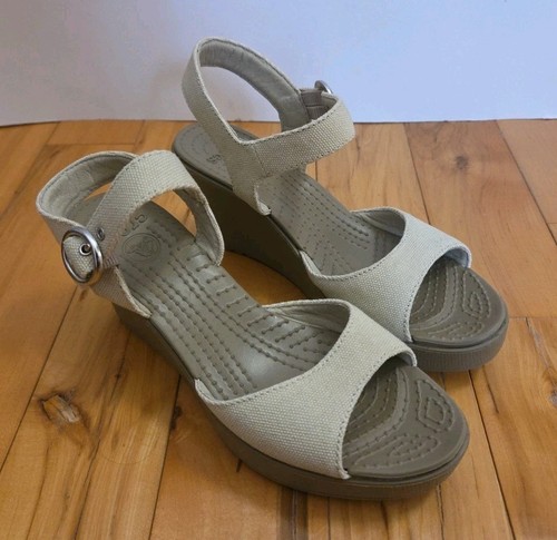 Crocs Hanalei Canvas Wedge Sandals Linen Open Toe Ankle Strap Sample Size 6.5? - Picture 2 of 13