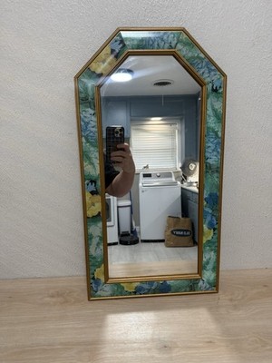 Vintage Floral Painted Wood Hexagonal Shape Wall Hanging Mirror 23x12