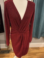 Karen Kane Women's Red Sparkle Metallic Draped Front Dress Long Sleeve -NWT M