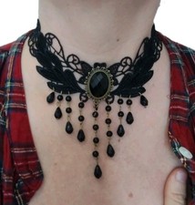 Gothic Victorian Lace Choker Necklace w/ Oval Gem  Beads Adjustable