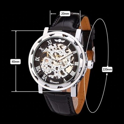 MECHANISCHE SKELETTUHR TRANSPARENT SCHWARZ STAHL ECHT LEDER JUNGEN uw