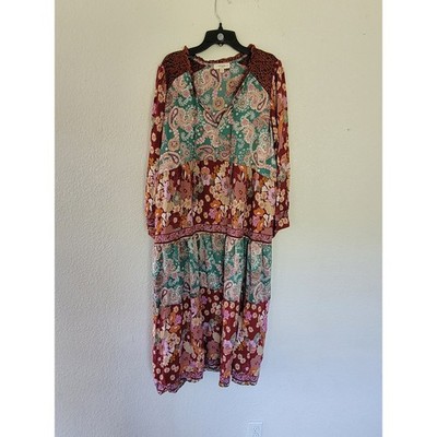 Umgee Plus Size 1XL Boho Patchwork Floral Paisley Tiered Midi Dress #16