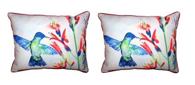 Pair Of Betsy Drake Hummingbird & Fire Plant Small Outdoor Indoor Pillows 11X14