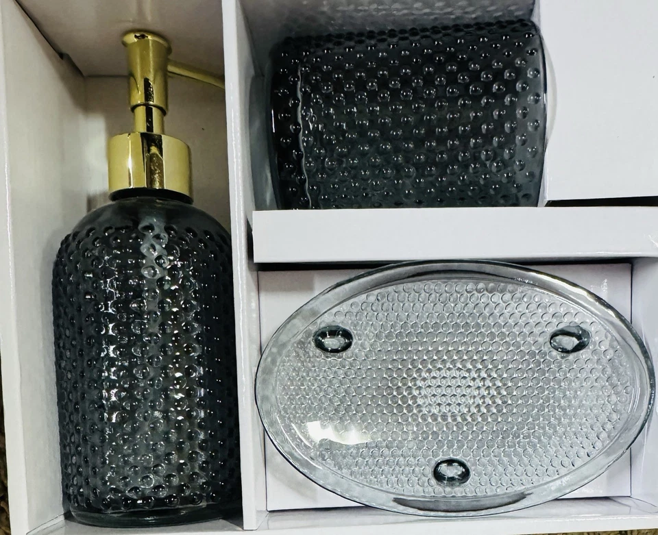 Kit de accesorios de baño de vidrio texturizado de 3 piezas (jabonera, taza y jabón/loción PU Foto 2 de 4