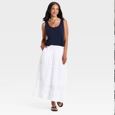 Universal Thread Womens White Tiered Maxi Skirt Eyelet Lace Trim Boho Cotton M