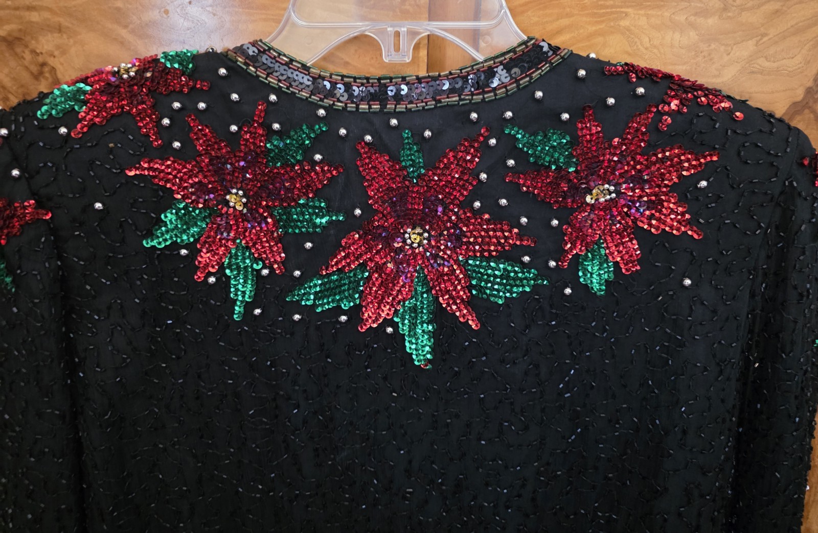 LAWRENCE KAZAR SILK & BEADED POINTSETTIA JACKET ~ XL