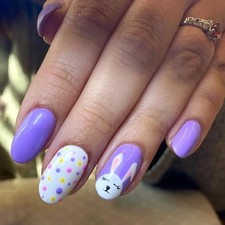 30Pcs Easter Press on Nails Short Almond Fake Nails Purple Polka Dot Bunny