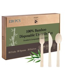 Bamboo Disposable Cutlery Set 120 Pack Compostable Forks Spoons and Knives